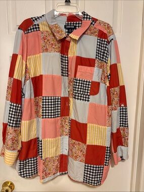 Lands' End Patchwork Button-Down Shirt in Coral, Red, Yellow & Navy